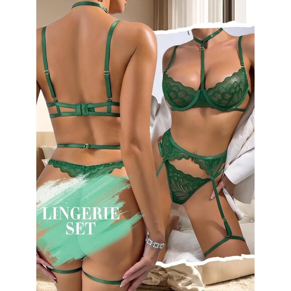 Women's Green Sexy Lingerie Set Push Up Lace Garter Belt Bra And Panty Set - Picture 4 of 6